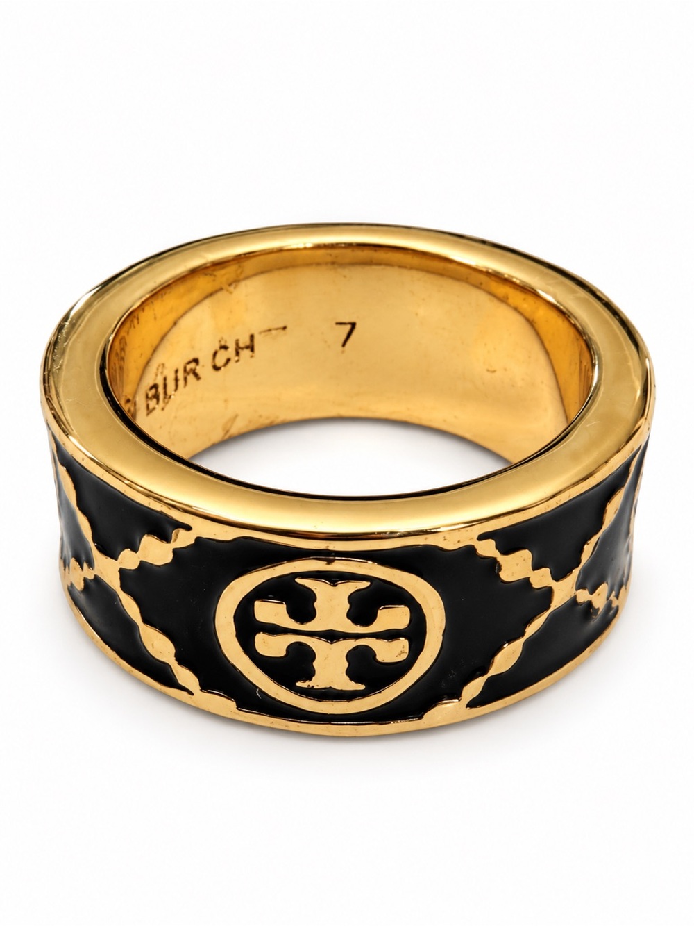 NWOT Tory Burch Black
Gold Tone Double T Logo
Wide Band Ring Size 7